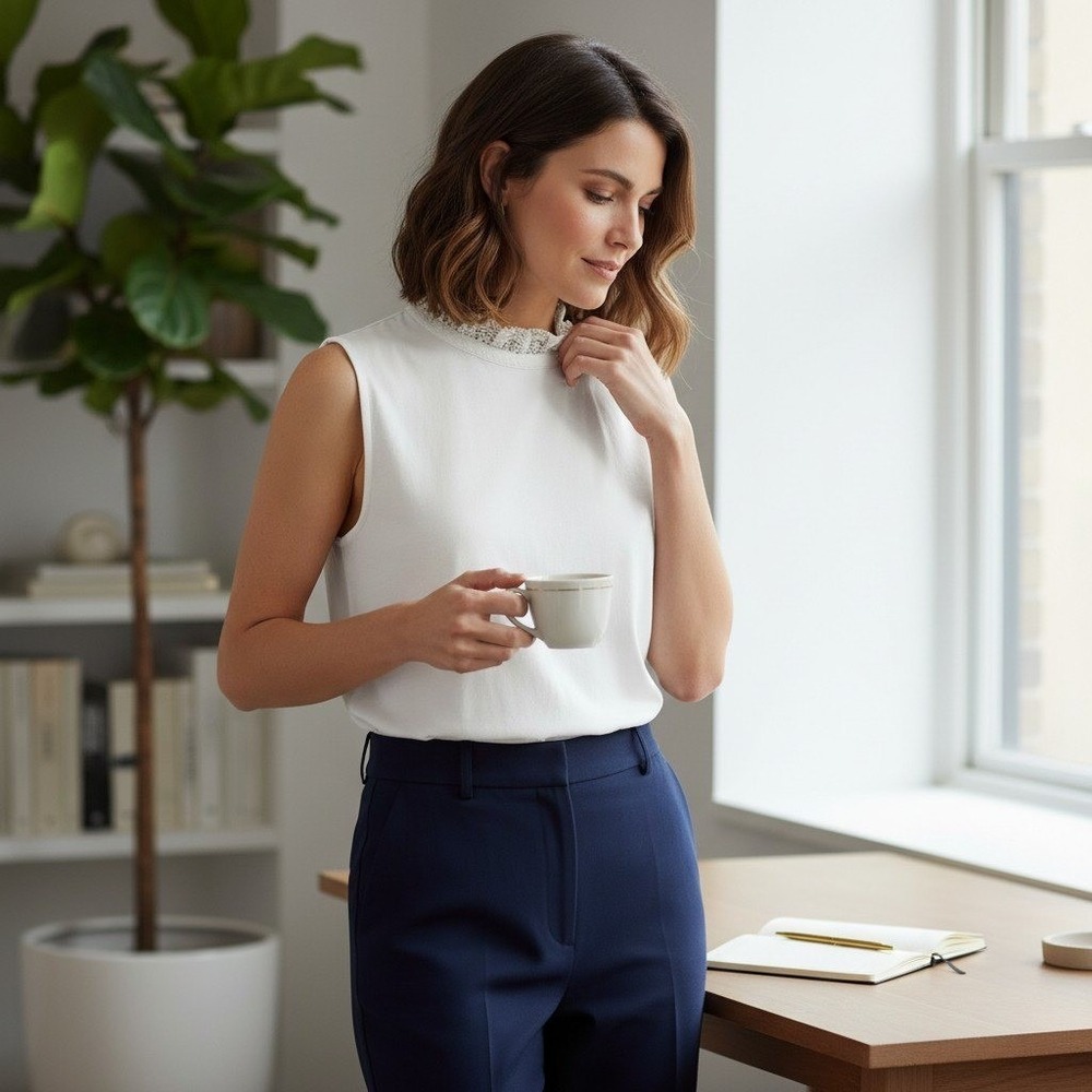 ME+EM Size 10‎ White Sleeveless Mock Neck Top with Lace Trim $120
